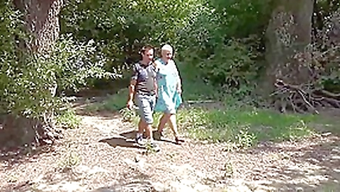 Bare bold nudist granny and junior cock admirer