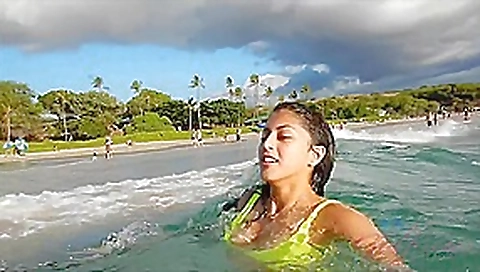 Latin brunette in a neon bikini, Sophia Leone likes to play with cock in the car