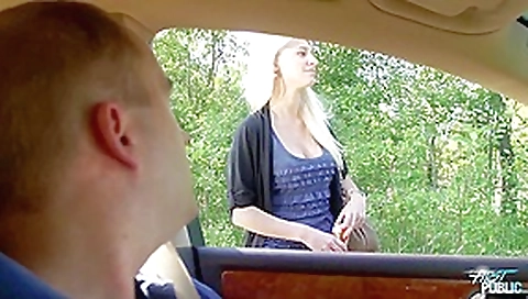 Girl leans out car window to suck cock