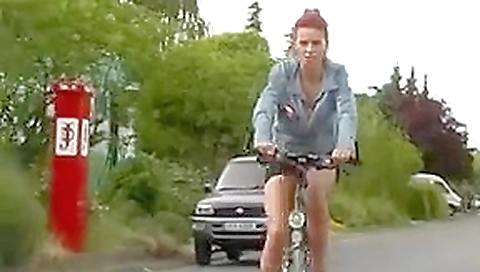 Redheaded babe flashing her pussy before fucking hard