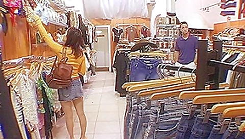 two guys a girl and a clothing store