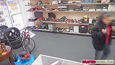 Brunette Thief gets big dick as payment for sex inside of the pawn shop office