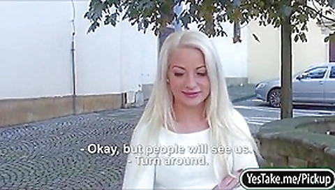 Blonde Eurobabe Anastasia flashes tits and nailed for money